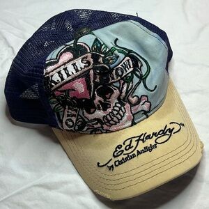 Ed Hardy Blue and Tan Skull Trucker Hat